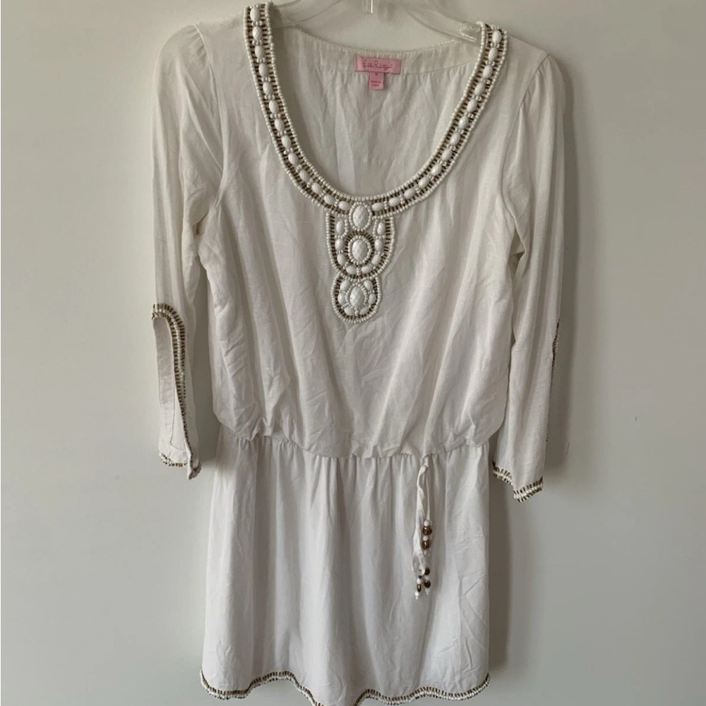 Lilly Pulitzer White Tunic dress with Beaded bodice Detail 3/4 sleeve lined SM